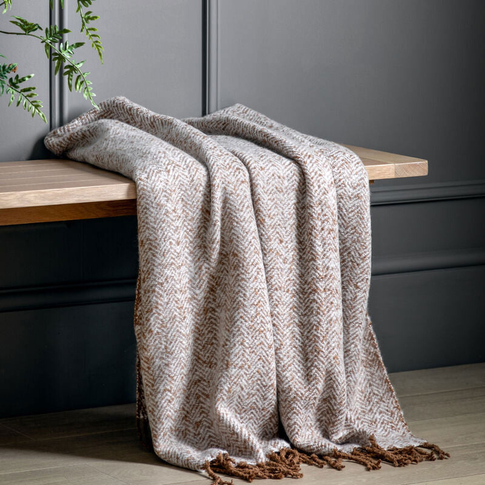 hannah herringbone faux mohair throw in brown - nineteen/seventy