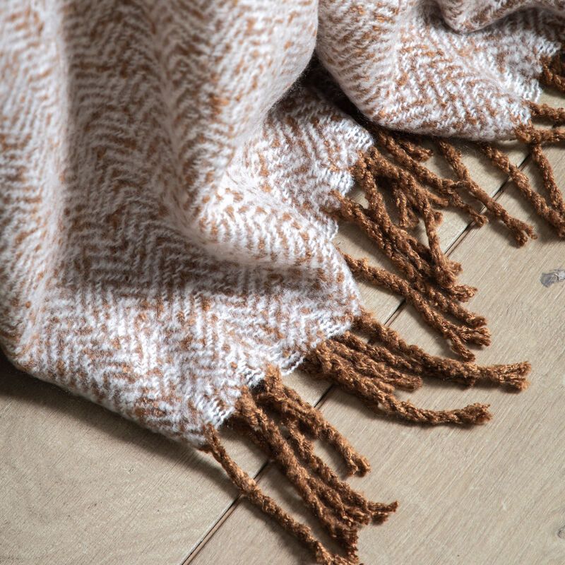 hannah herringbone faux mohair throw in brown - nineteen/seventy