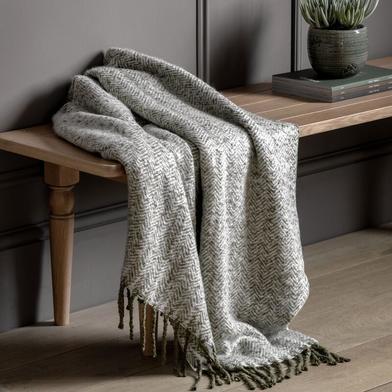 hannah herringbone faux mohair throw in olive green - nineteen/seventy