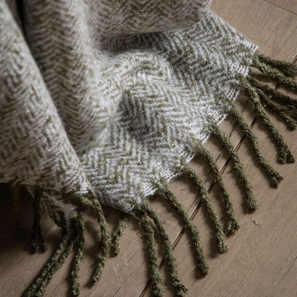 hannah herringbone faux mohair throw in olive green - nineteen/seventy