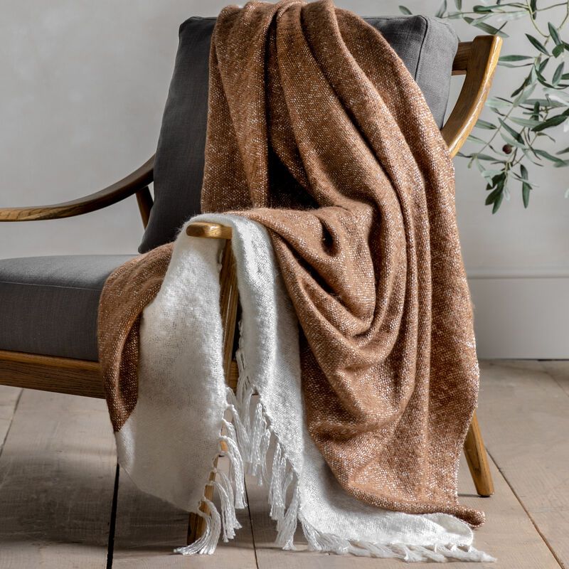 selena stripe faux mohair throw in brown - nineteen/seventy